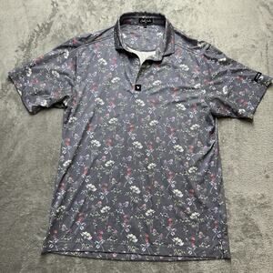 Bad Birdie Polo Shirt Men L Gray Floral Performance Hawaiian Golf Tennis Casual